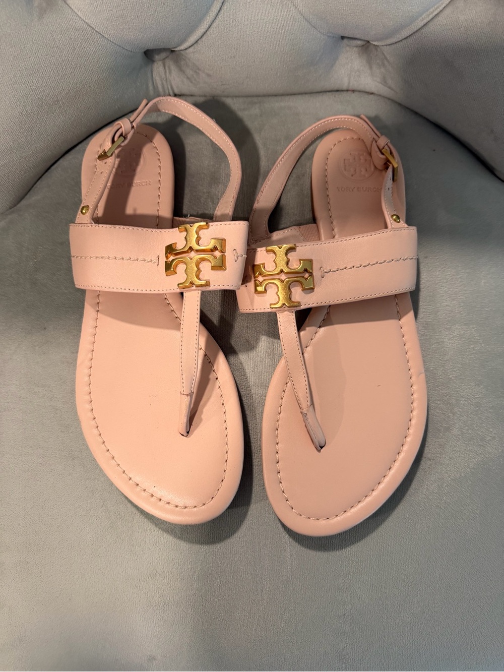 Tory Burch Blush Pink Leather Logo Sandal with Gold Accent